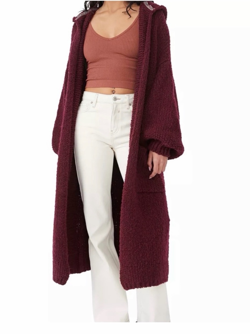 Free People caffe hooded cardigan chunky knit sweater maroon